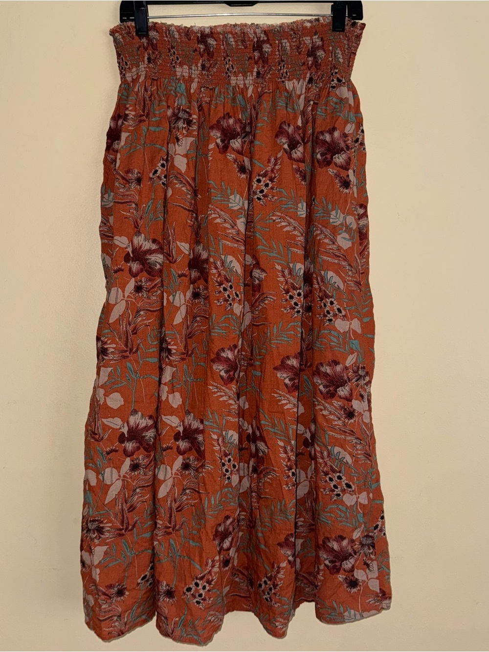 Natural Life Meadow Smocked Waist Maxi Skirt Burnt Orange Floral Boho Size L/XL